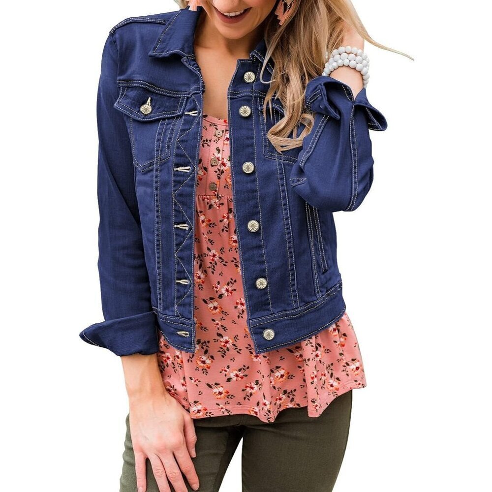 Women's Basic Long Sleeves Button Down Fitted Denim Jean Jacket Blue Denim